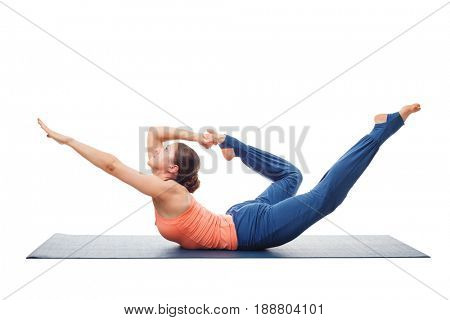 Sporty fit woman dooing yoga back bend asana Dhanurasana - bow pose variation isolated on white