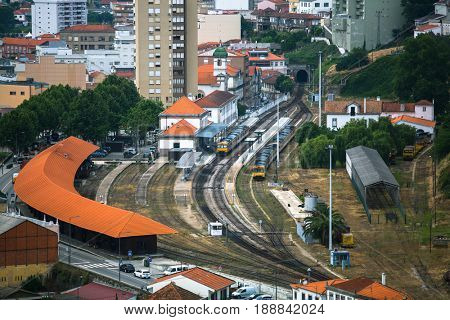 Top view of railway station of Peso da Regua, northern Portugal.