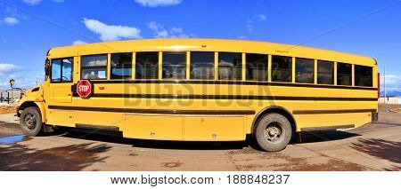 KALISPELL, MONTANA, USA - March 16, 2017: Fisheye perspective of a yellow school bus