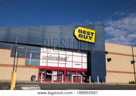 Fort Gratiot, Michigan, USA - May 30, 2017: Storefront and logo of Best Buy electronics store. Best Buy bills itself as America's largest retailer of electronics in the USA.