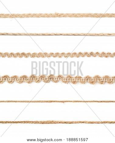 Line of a twisted decorational linen rope string isolated over the white background, set of six different foreshortenings