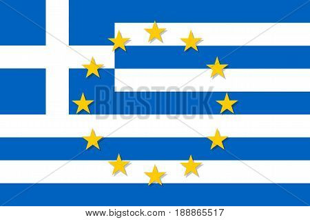 Greece national flag with a circle of European Union twelve gold stars, identity and unity with EU, member since 1 January 1981. Vector flat style illustration