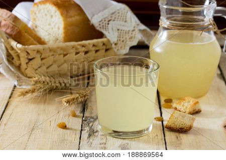 Traditional Russian Cold Drink Light Kvass On The Kitchen Table In A Rustic Style. Kvass From Bread,