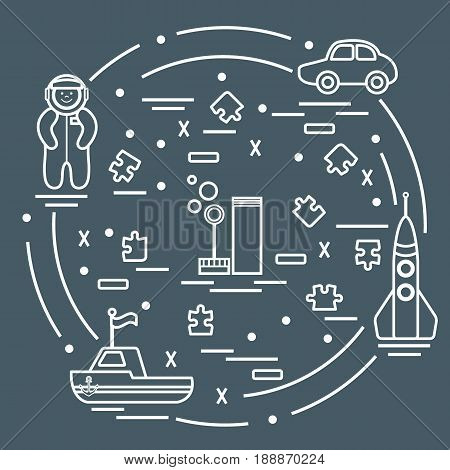 Vector Illustration Kids Toys Objects: Astronaut, Rocket, Ship, Car, Puzzles And Other.