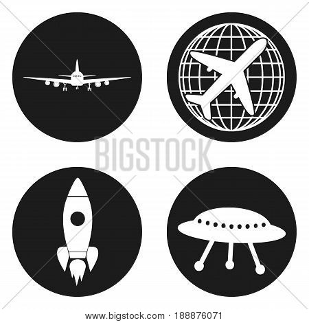 Transportation icons. Airplane, rocket, flying saucer in circle button. Vector illustration