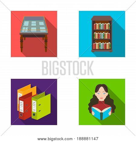 A table with old documents, bookshelves, folders, a visitor. A library and a bookstore set collection icons in flat style vector symbol stock illustration .