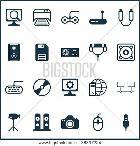 Computer Icons Set. Collection Of Camcorder, Vga Cord, Printed Document And Other Elements. Also Includes Symbols Such As Video, Console, Vga.