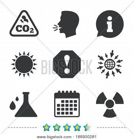 Attention and radiation icons. Chemistry flask sign. CO2 carbon dioxide symbol. Information, go to web and calendar icons. Sun and loud speak symbol. Vector