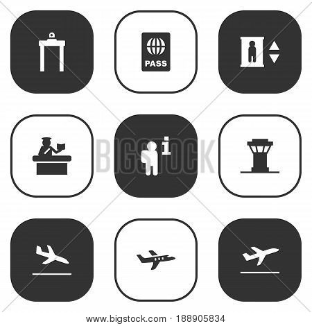 Set Of 9 Aircraft Icons Set.Collection Of Metal Detector, Letdown, Aircraft And Other Elements.