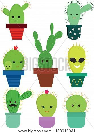Set of eight illustrations of cute cartoon cactus with funny faces in pots. Can be used for invitations, sticker and cards.