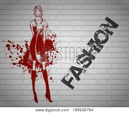 Sketch Graffiti. Fashionable Girl On A Brick Wall
