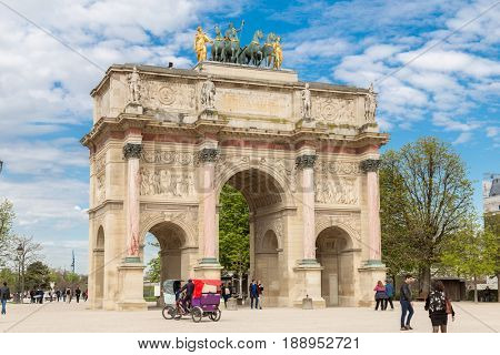 Paris, France, March 31 2017: The Arc de Triomphe du Carrousel is a triumphal arch in Paris, located in the Place du Carrousel