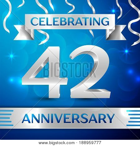 Forty two Years Anniversary Celebration Design. Confetti and silver ribbon on blue background. Colorful Vector template elements for your birthday party. Anniversary ribbon