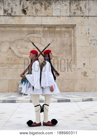 ATHENS,GREECE-MAR 21:The Evzones - elite unit of the Greek Army that guards the Greek Tomb of the Unknown Soldier during the celebrations for the Independence Day,March 21,2017 in Athens,Greece