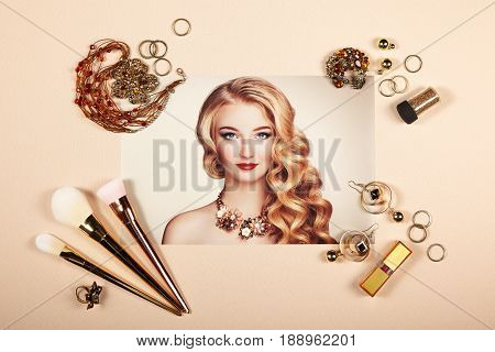 Fashion lady accessories collage. Falt Lay. Beauty photography. Make-Up brushes. Jewelry and lipstick. Fashion portrait of young beautiful woman with elegant hairstyle