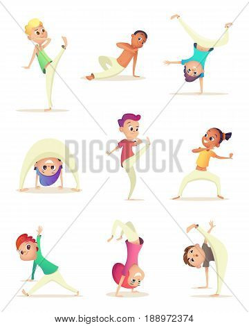Funny Children practice capoeira movement. Cartoon design character. Vector illustration
