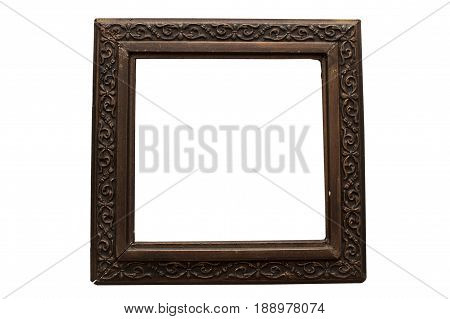 Old damaged wooden frame for paintings isolated on white background.