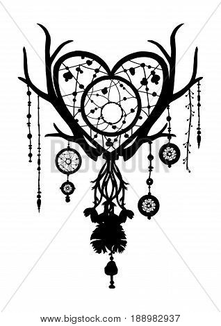 Native american ethnic dreamcatcher silhouette with beads and feathers. Tribal talisman. Vector art