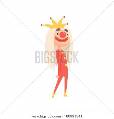 Funny cartoon jester with long blond hair and a crown on his head colorful character vector Illustration isolated on a white background
