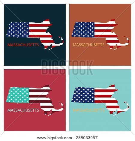 Massachusets State Of America With Map. Flag Print On Map Of Usa For Geographic Themes. Map Of Massa