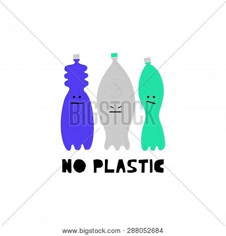 Bottles With Faces Vector Illustrations Set. No Plastic Lettering. Kawaii Containers Cartoon Clipart