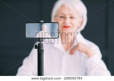 Senior Business Lady Blogger. Financial Independence And Personal Development. Elderly Woman Making 
