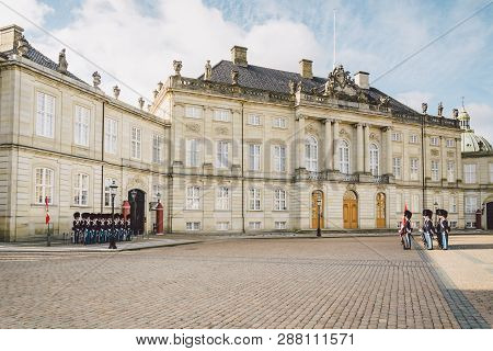 February 20, 2019. Denmark. Copenhagen. Amalienborg Square. Changing The Royal Guard. Army Ranks Uni