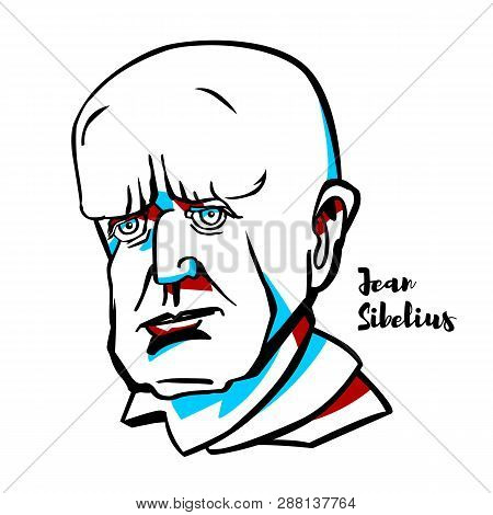 China, Chenghai - January 14, 2019 Jean Sibelius Engraved Vector Portrait With Ink Contours. Finnish