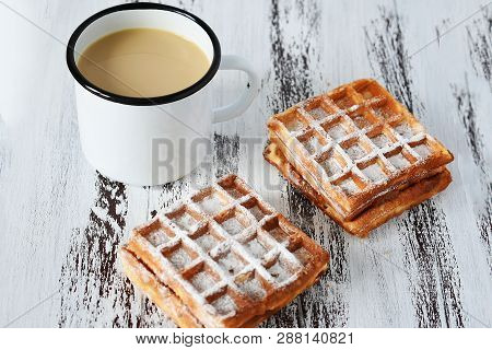 Tasty Breakfast, Delicious Fresh Viennese Waffles And Cup Of Coffee On Wooden Background