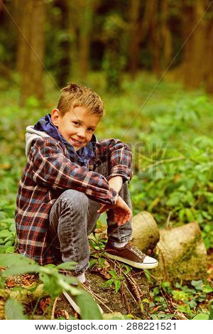 Being Like Forest, Revitalizing And Constantly Growing. Small Boy Relax In Forest. Small Boy On Fore