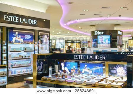 DUBAI, UAE - CIRCA FEBRUARY, 2019: Estee Lauder cosmetics on display at Dubai International Airport.