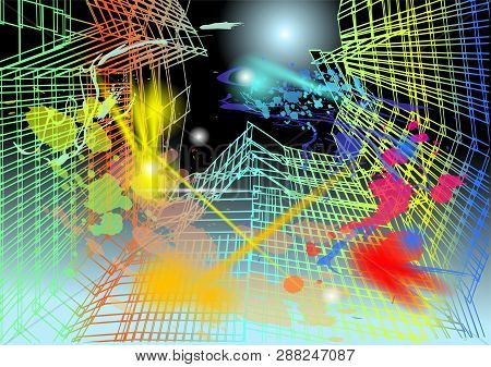 Nonexistent Abstract Multicolor City. Traffic And Neon Lights