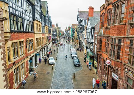 Chester, England - March 8th, 2019: A View Of Chester Highstreet