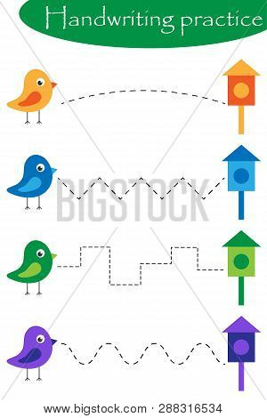 Birds And Nesting Boxes, Spring Handwriting Practice Sheet, Kids Preschool Activity, Educational Chi