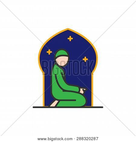 Muslims Praying At The Night In Mosque. Simple Monoline Icon Style For Muslim Ramadan And Eid Al Fit