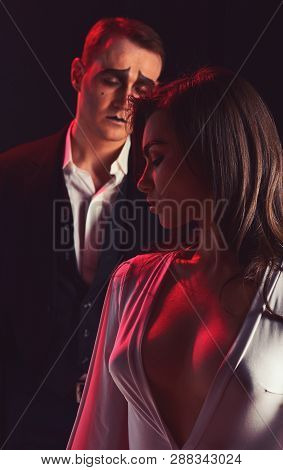 Sensual Soulmates. Mime Woman And Man Act In Romantic Scene. Couple Of Mime Artists Perform Romance 