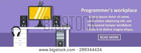Programmer Workplace Banner Horizontal Concept. Flat Illustration Of Programmer Workplace Banner Hor