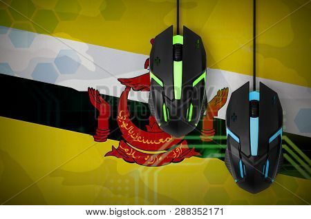 Brunei Darussalam Flag  And Two Mice With Backlight. Online Cooperative Games. Cyber Sport Team