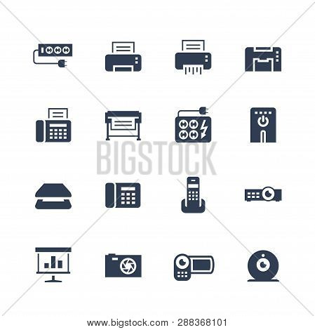 Electronics And Gadgets Icon Set: Surge Suppressor, Printer, Shredder, Multifunction Device, Fax, Pl