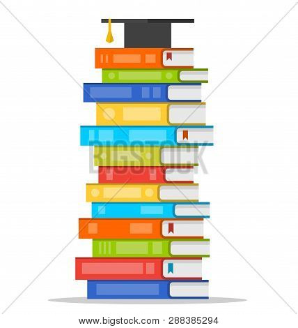 Sheaf Of Colorful Books With Square Academic Cap On Top Of It. Vector Flat Design Style Illustration