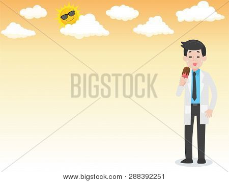 Doctor Holding Fan Have Heatstroke In Summer Concept, Hot Weather, Cartoon Character Vector In Flat 
