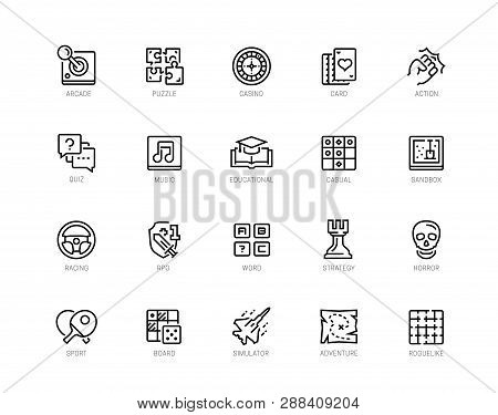 Video Game Genres Vector Icons Set In Editable Line Style