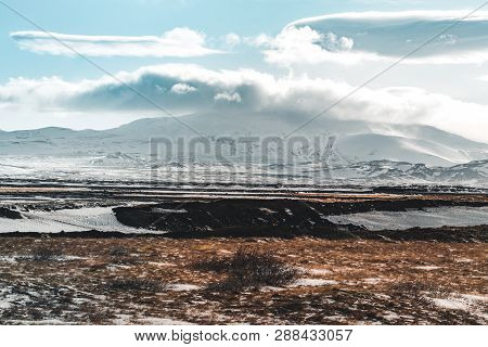Beautiful Highland Iceland Blue Lake Near Hekla Among Snow Mountains.