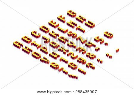 Pixel Blocky Isometric Latin Font. Letters, Numbers And Symbols