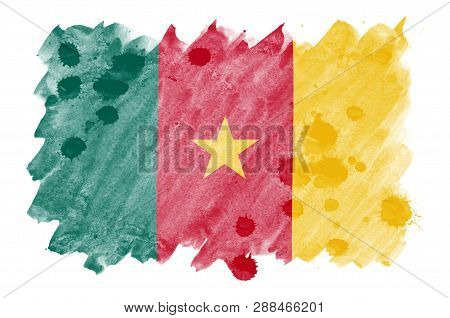 Cameroon Flag  Is Depicted In Liquid Watercolor Style Isolated On White Background
