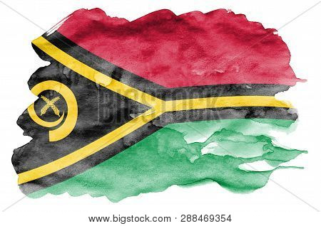 Vanuatu Flag  Is Depicted In Liquid Watercolor Style Isolated On White Background