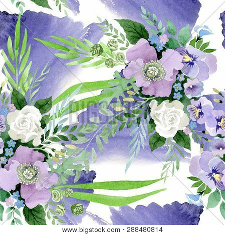 Violet Bouquet Floral Botanical Flowers. Watercolor Background Illustration Set. Seamless Background
