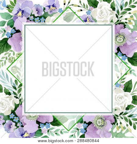 Violet Bouquet Floral Botanical Flowers. Watercolor Background Illustration Set. Frame Border Orname