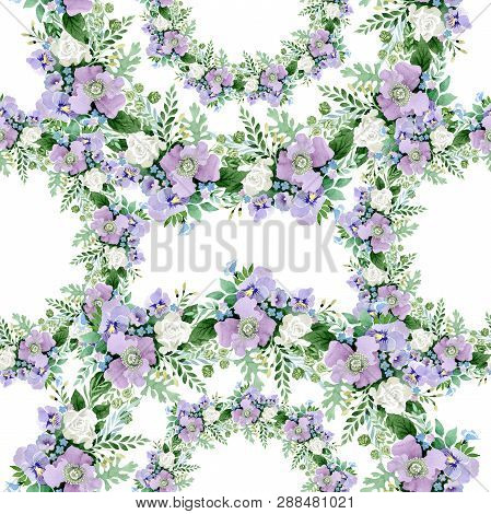 Violet Bouquet Floral Botanical Flowers. Watercolor Background Illustration Set. Seamless Background