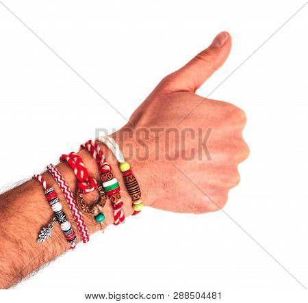 Bulgarian Traditional Spring Decor Bracelet Martenitsa, Pointing Male Hand. Baba Marta Holiday, Thum